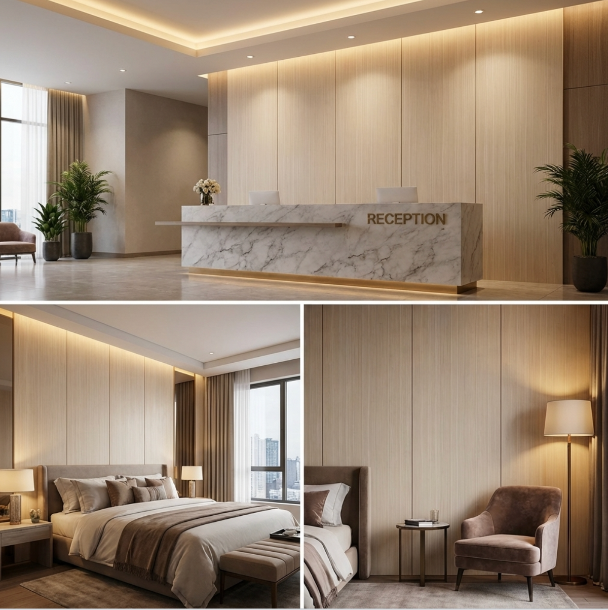 Nordic birch wood veneer panels installed in modern reception and bedroom interiors