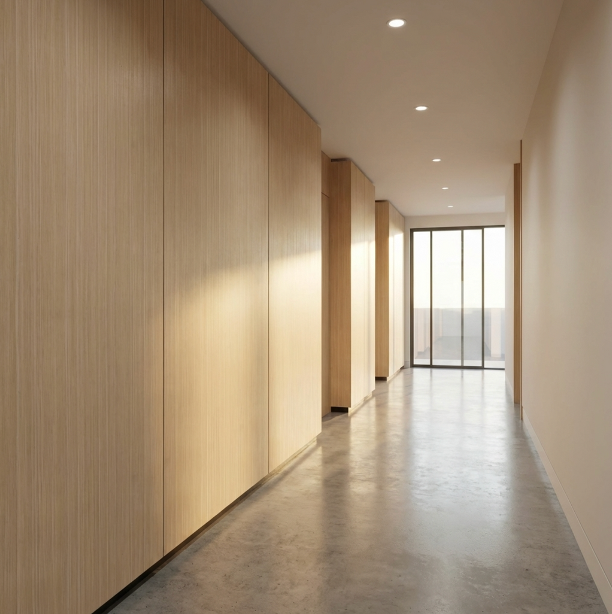 Light Nordic birch wood veneer panels with vertical grain along a narrow modern hallway