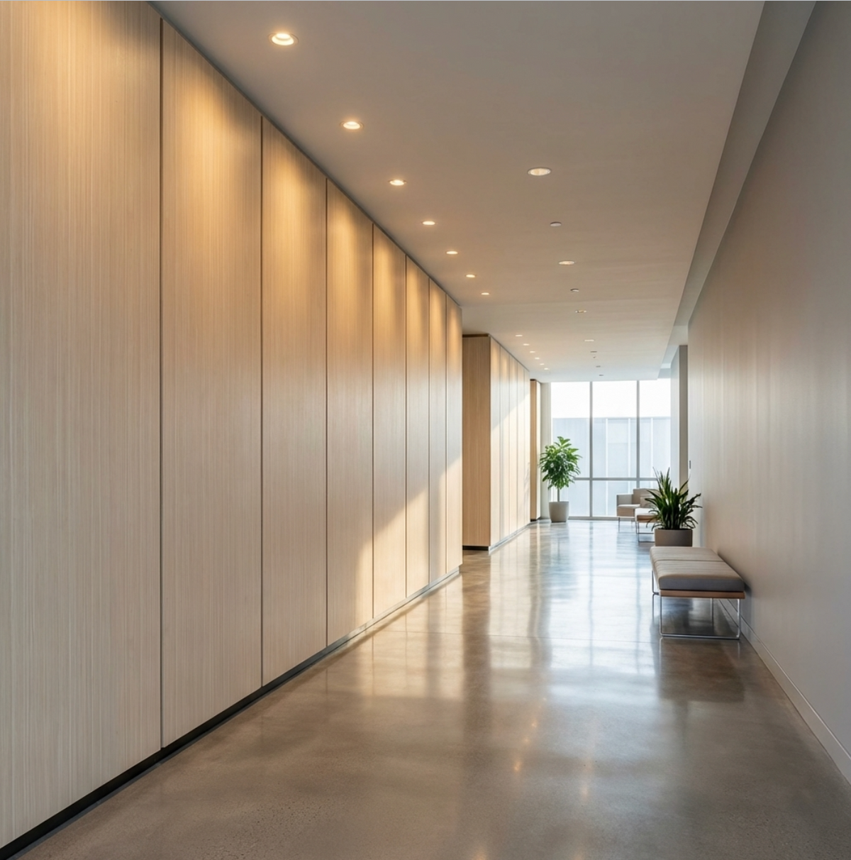 Floor-to-ceiling Nordic birch wood veneer panels lining a bright contemporary office corridor