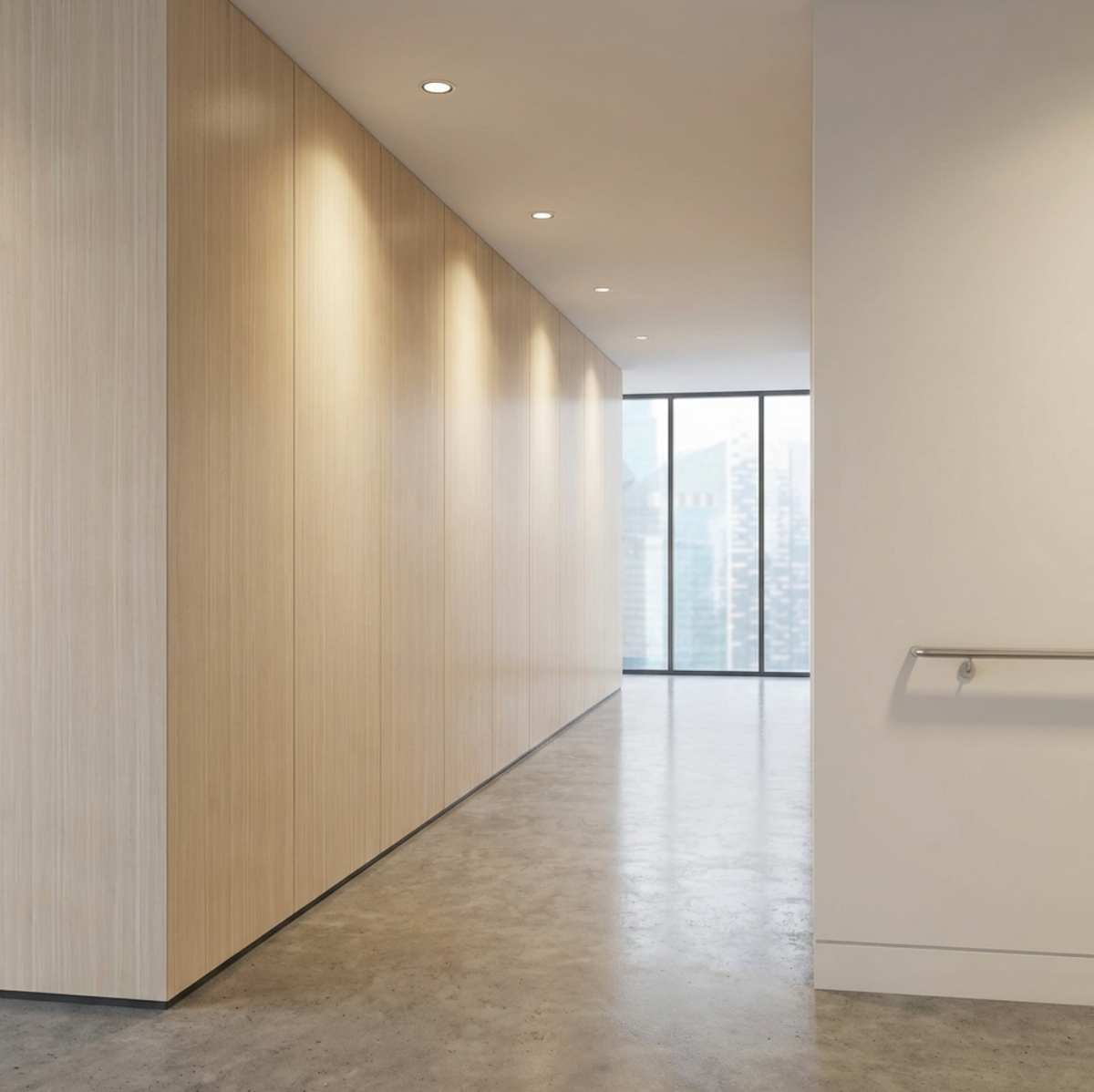Nordic birch wood veneer panels with vertical grain installed along a minimalist hallway