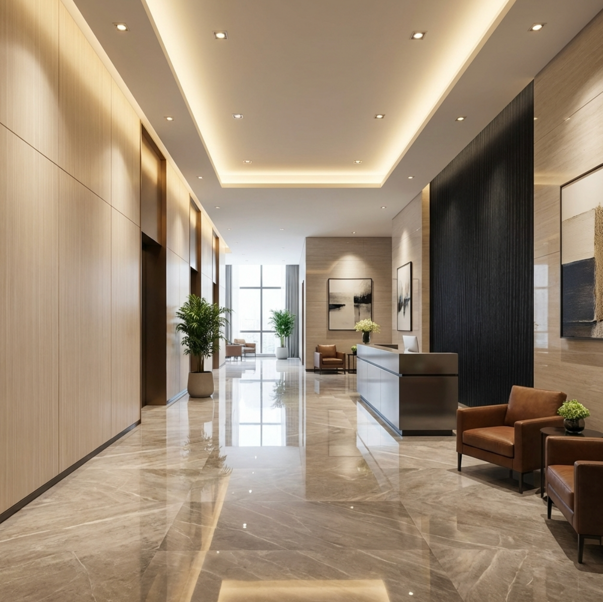 Light Nordic birch wood veneer panels lining an elegant reception corridor with marble flooring