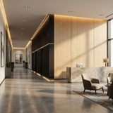 Nordic birch wood veneer panels covering a tall sunlit reception wall in a modern lobby