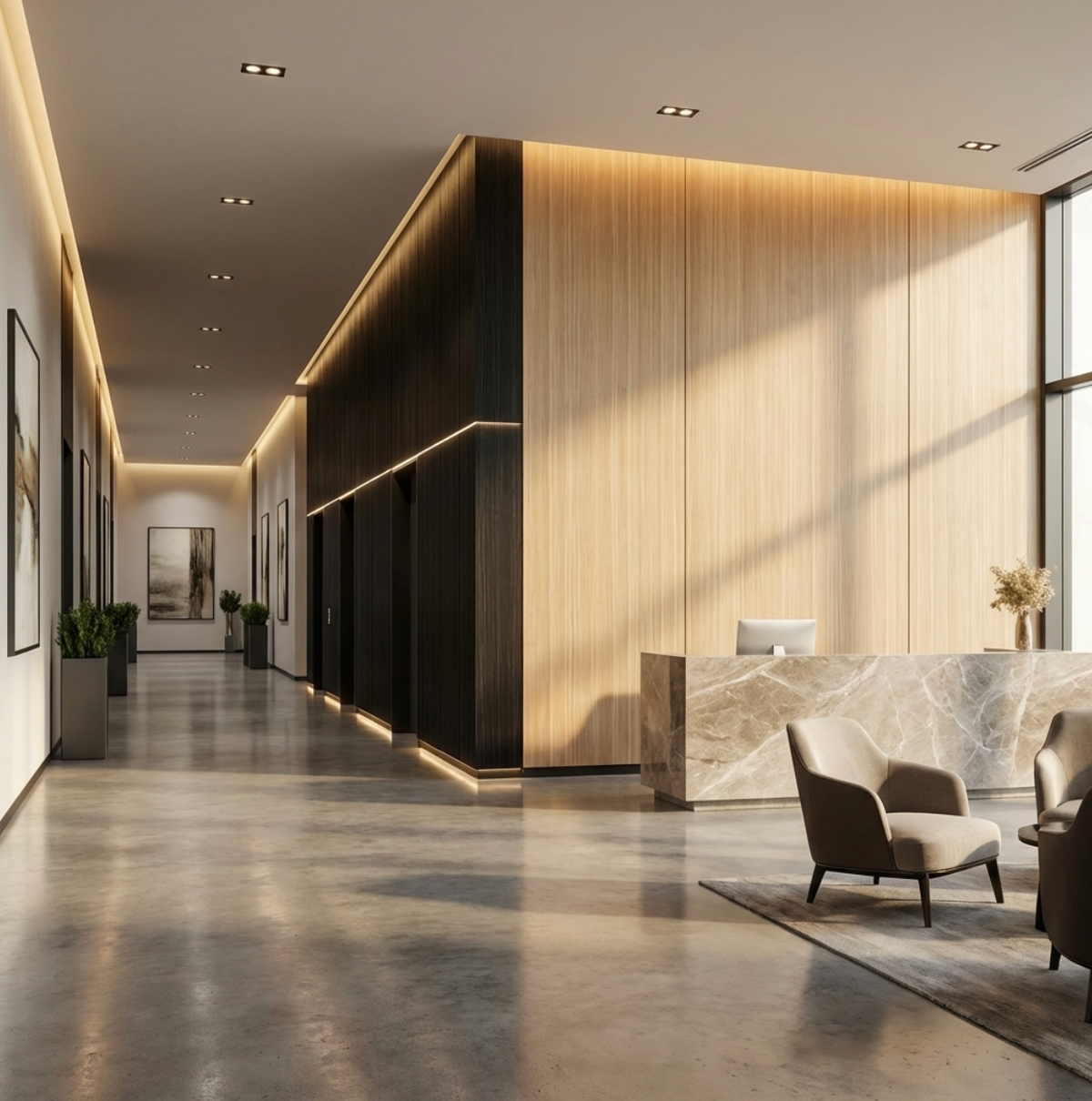 Nordic birch wood veneer panels covering a tall sunlit reception wall in a modern lobby