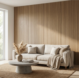 Ash wood veneer panels covering a living room wall behind a cream sofa