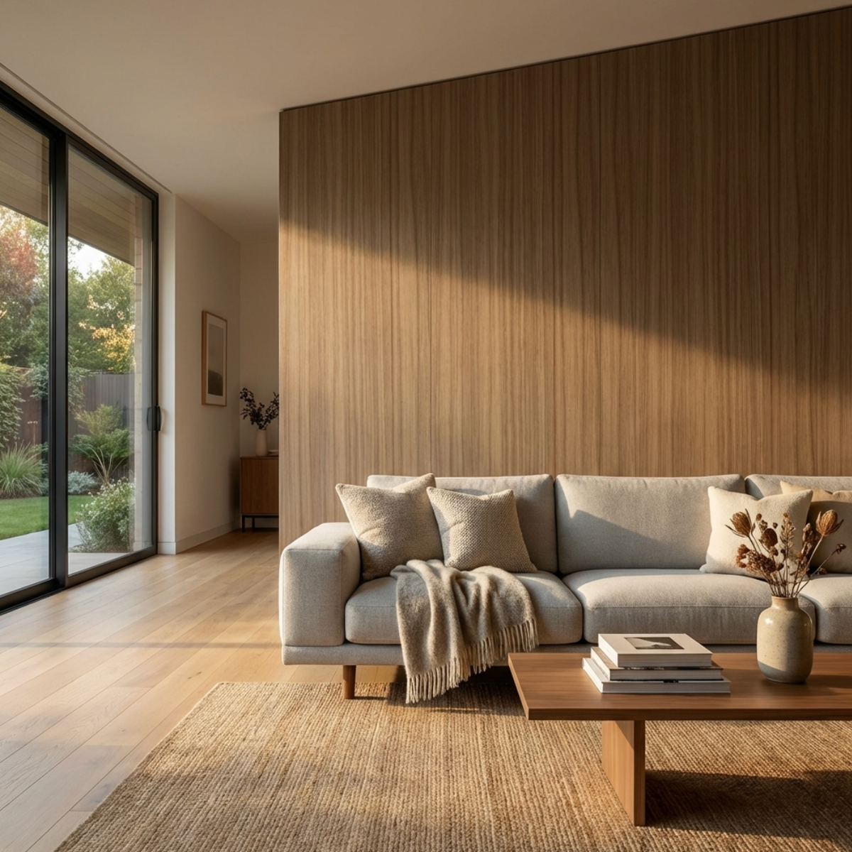 Warm ash wood veneer wall panels behind a sofa in a sunlit contemporary living room