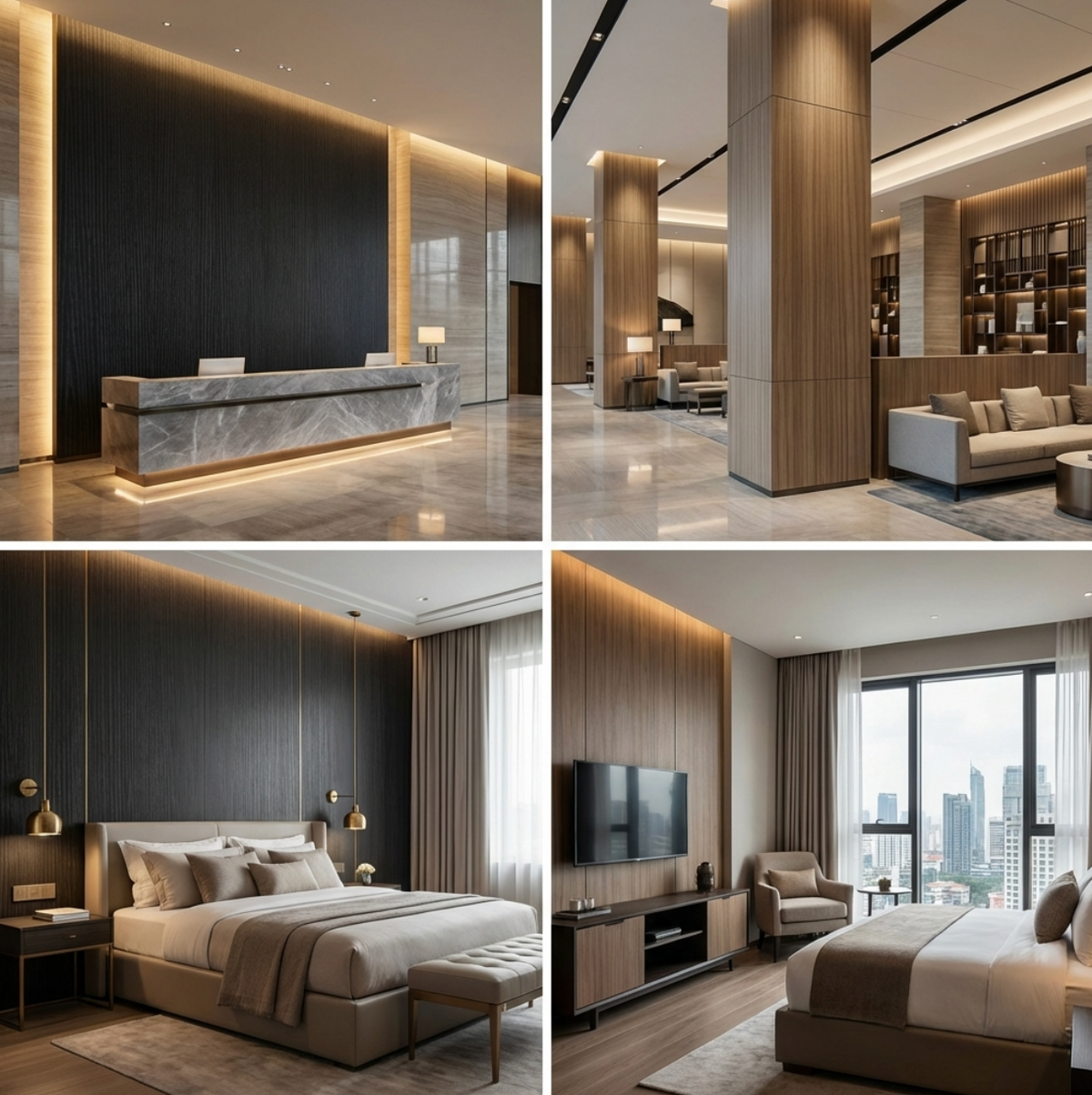 Blackwood veneer commercial wall panels installed in a lobby and modern hotel bedrooms