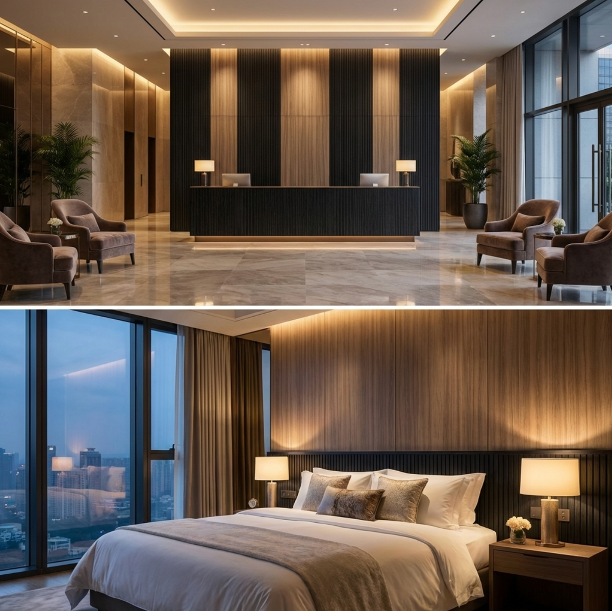 Blackwood veneer accents paired with warm wood wall panels in a hotel reception and bedroom