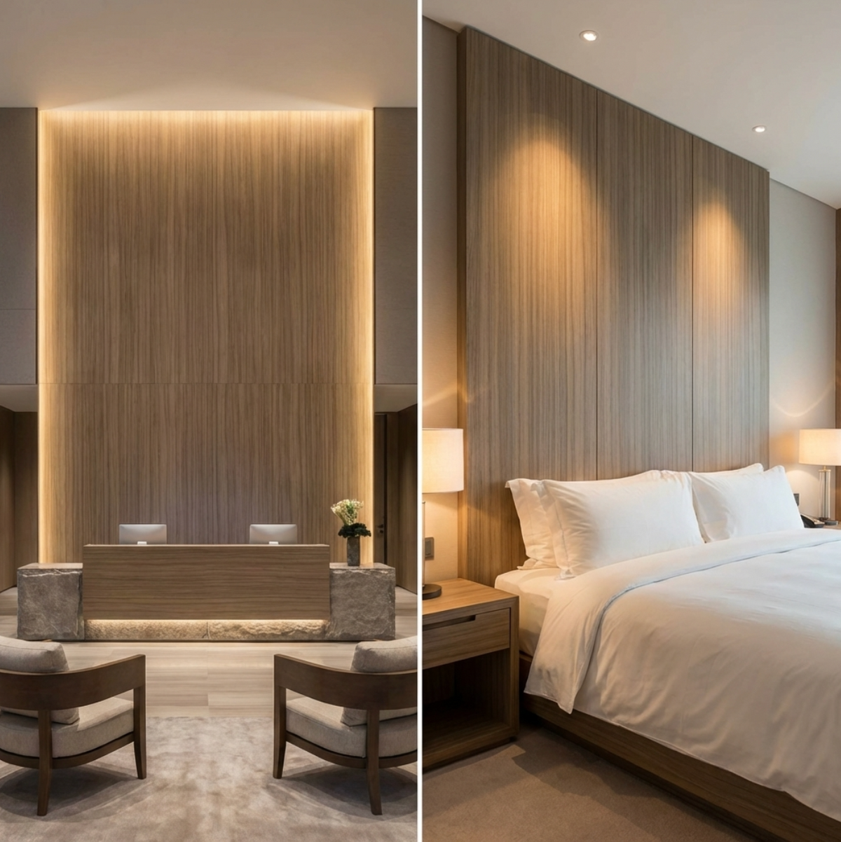 Ash wood veneer wall panels installed behind a reception desk and hotel bed