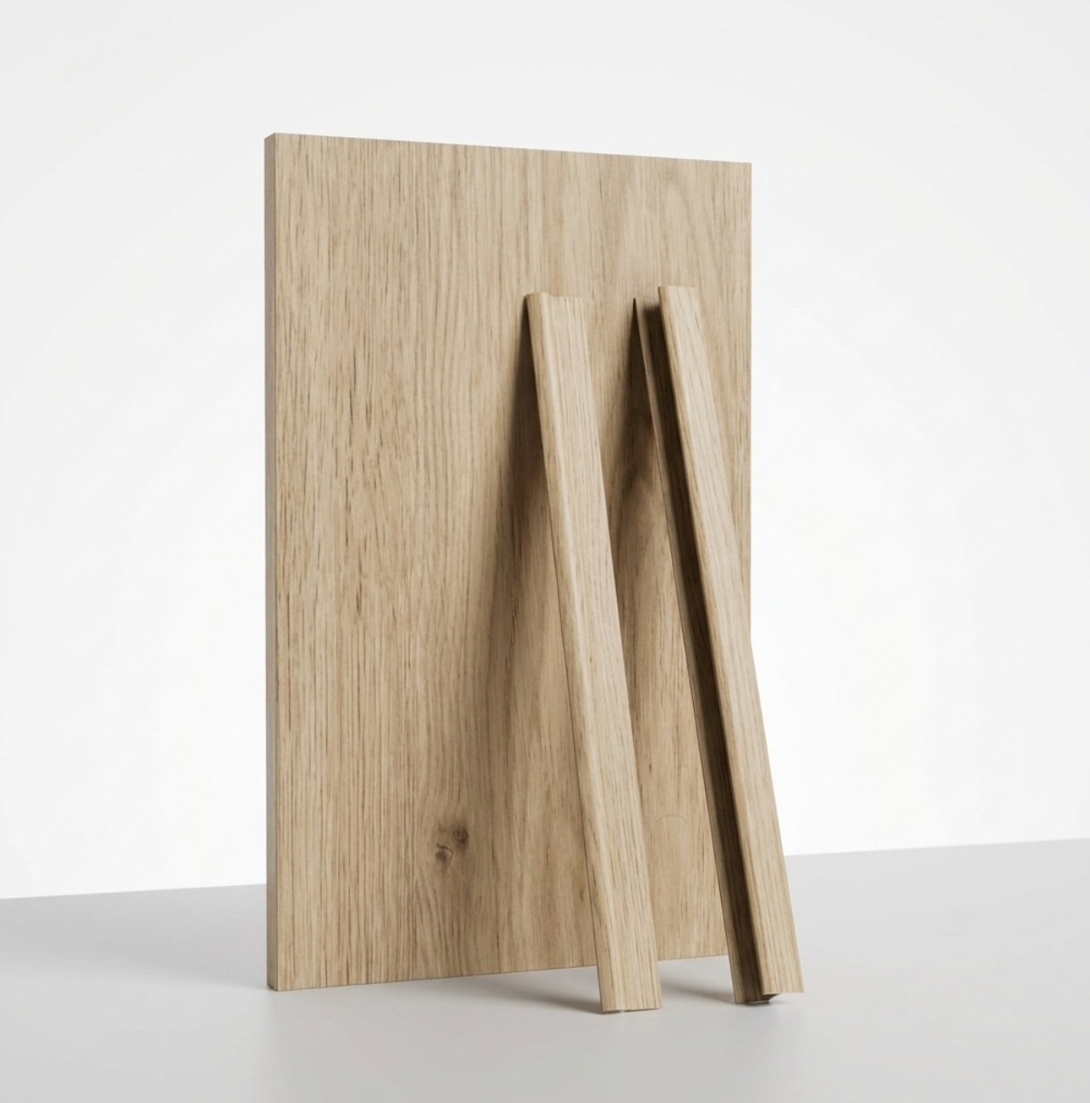 White oak veneer wall panel with two coordinating wood-grain trim strips leaning against it