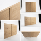 Multiple views of white oak veneer wall panel sections joined with matching wood-grain trim