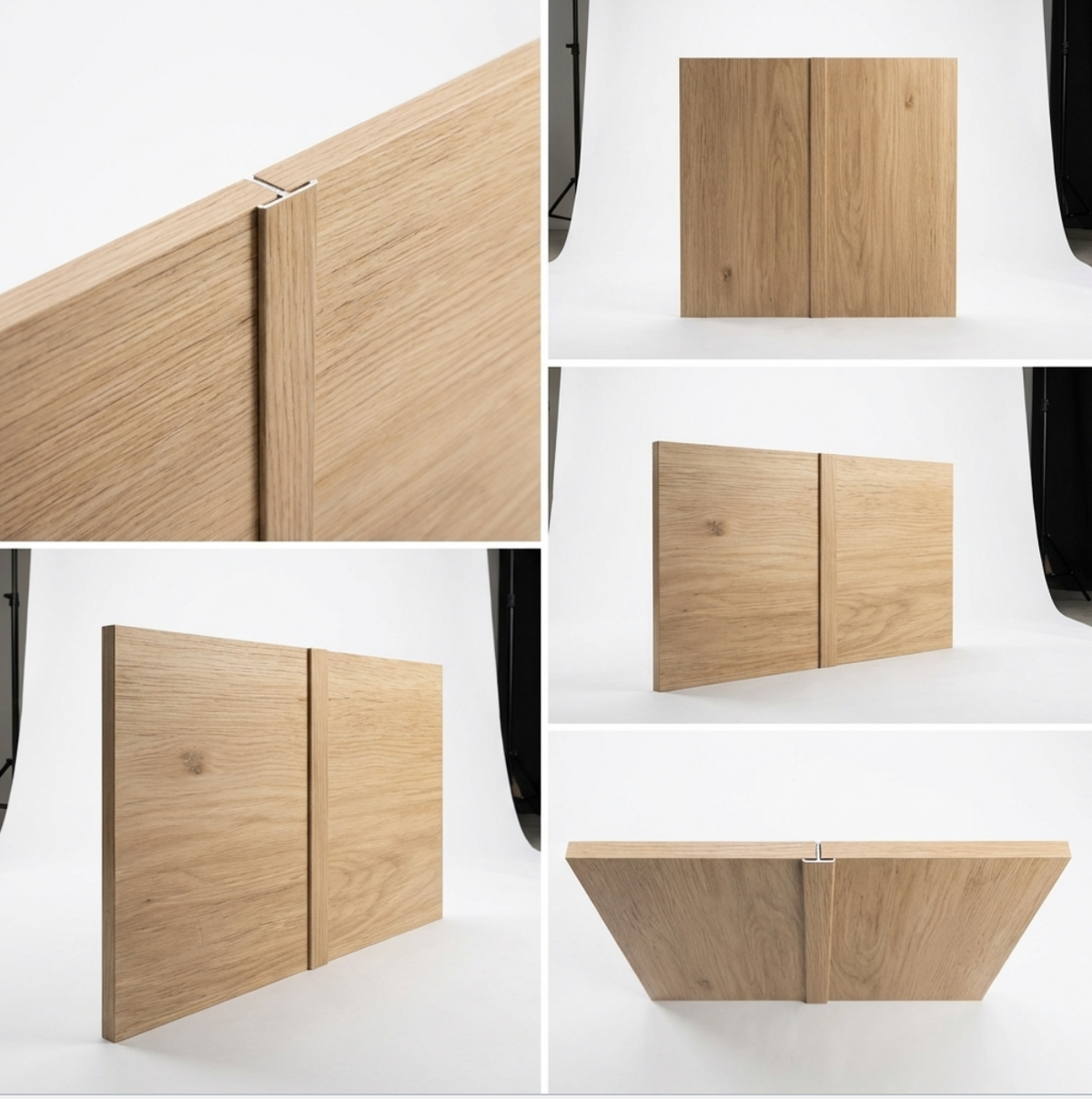 Multiple views of white oak veneer wall panel sections joined with matching wood-grain trim