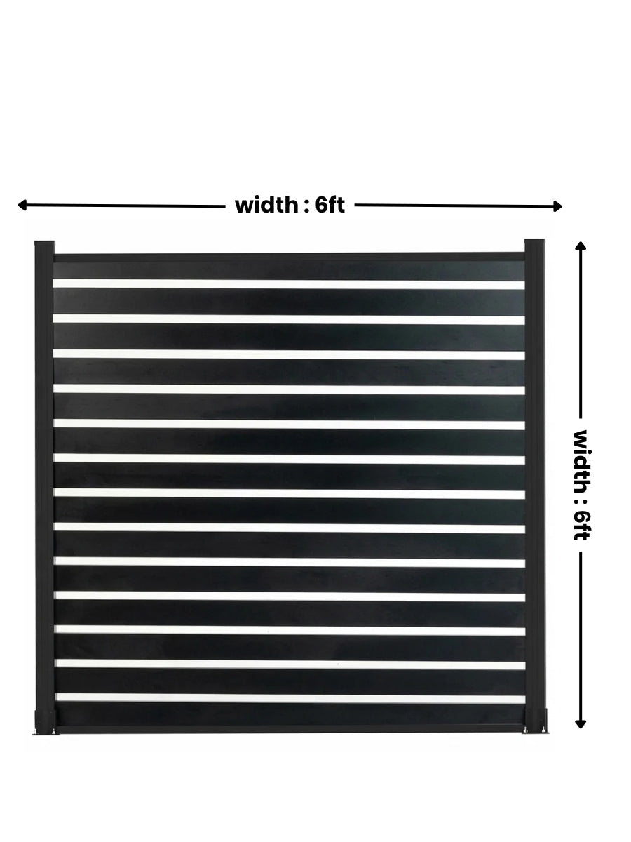 Front view of dark all-aluminum open slat fence panel with 6 ft width and 6 ft height dimensions