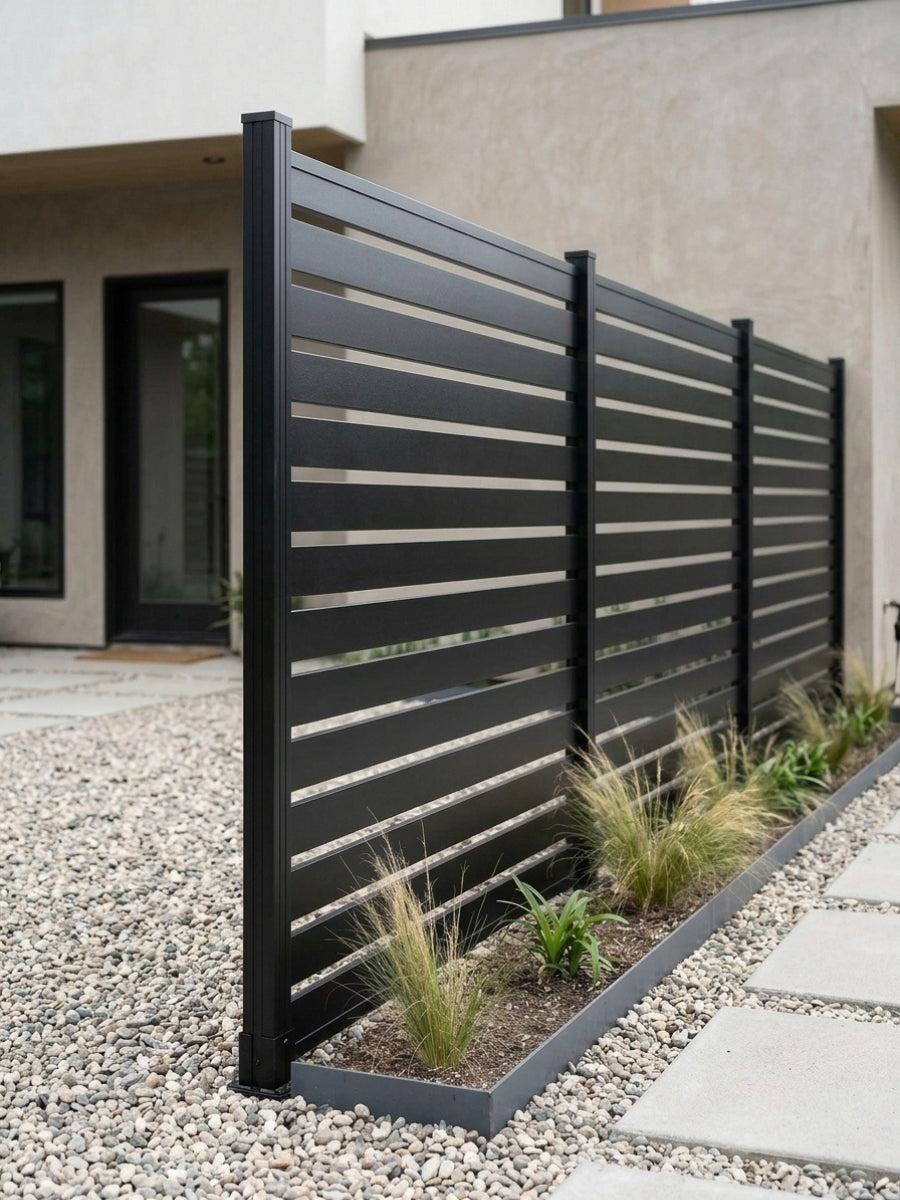All-aluminum open slat fence panels installed in a landscaped gravel garden beside a modern home