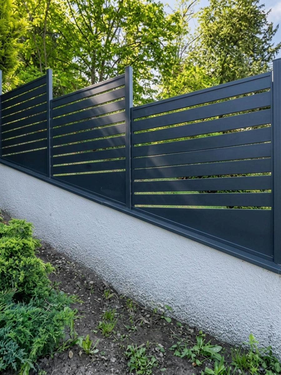Horizontal open slat aluminum fence panels mounted along the top of a white garden wall