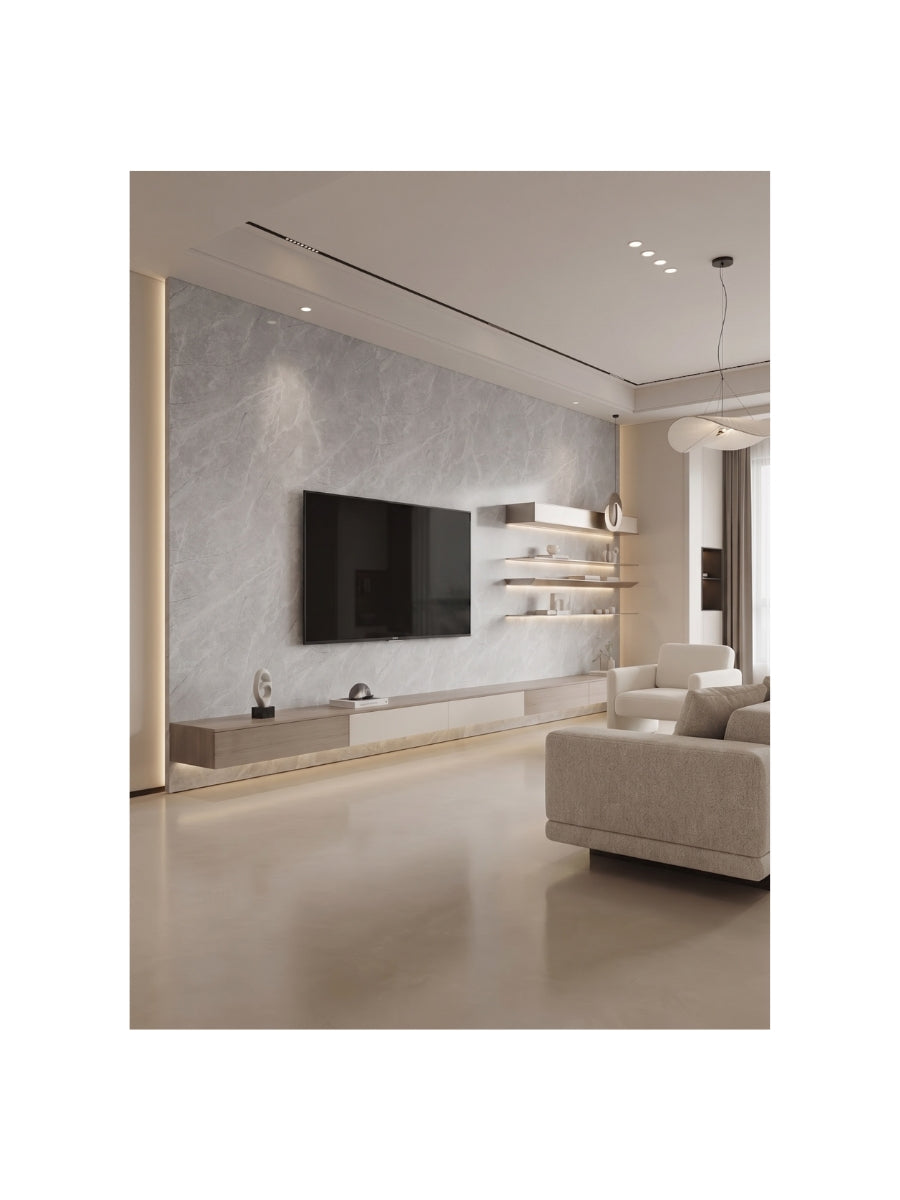 Serene Stone Marble PVC wall panels installed on a modern living room media wall