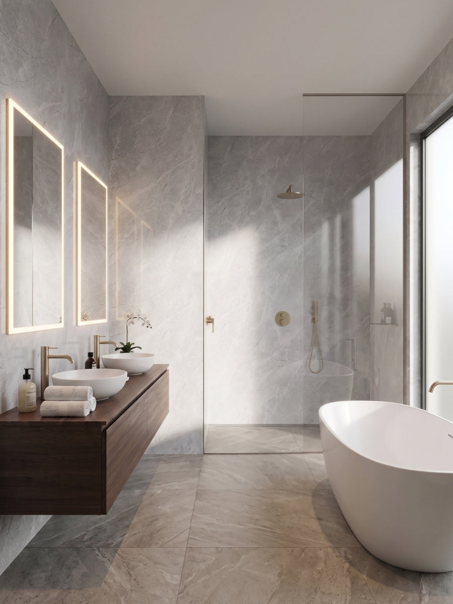 Waterproof Serene Stone Marble PVC wall panels surrounding a modern bathroom vanity, shower, and tub
