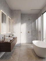 Waterproof Serene Stone Marble PVC wall panels surrounding a modern bathroom vanity, shower, and tub