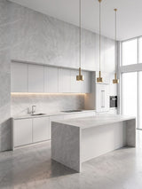 Serene Stone Marble PVC wall panels covering a minimalist kitchen wall and island