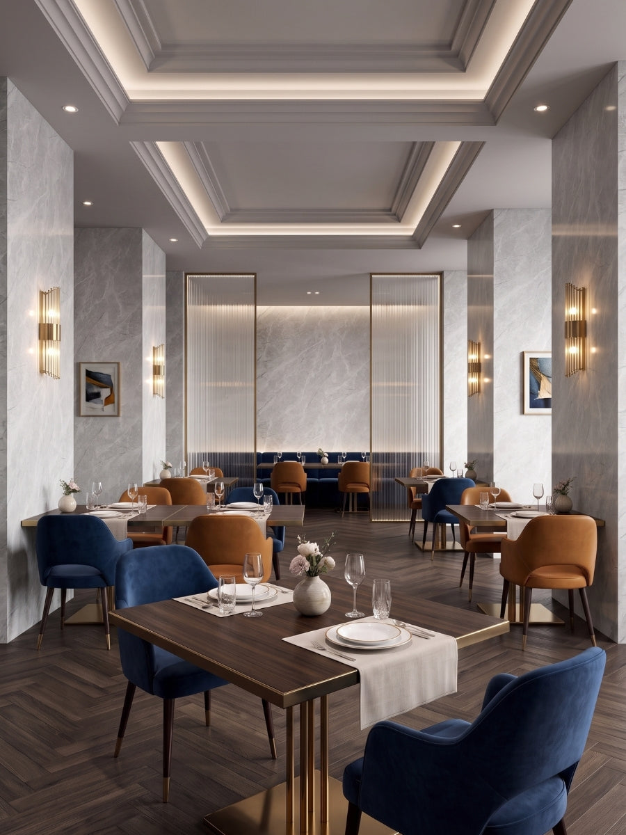 Serene Stone Marble PVC wall panels installed in an elegant restaurant with blue and tan seating