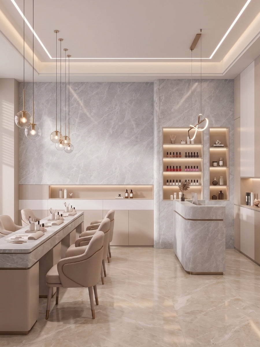 Gray Serene Stone Marble PVC wall cladding and counters in a bright dining and bar interior