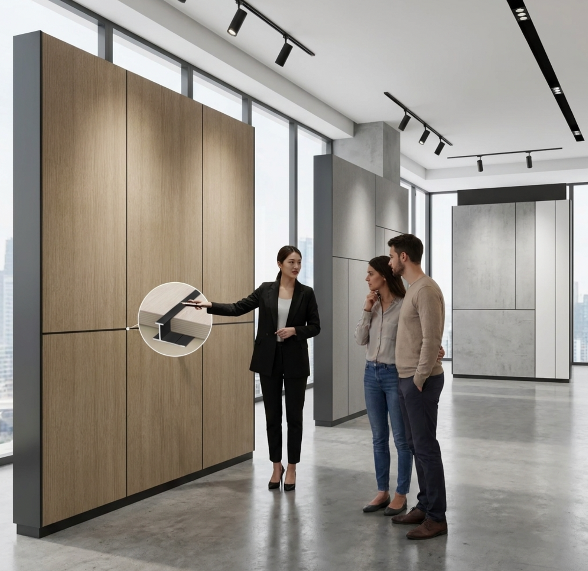 Showroom wall display with wood-look panels joined by black H trim and an enlarged connection detail