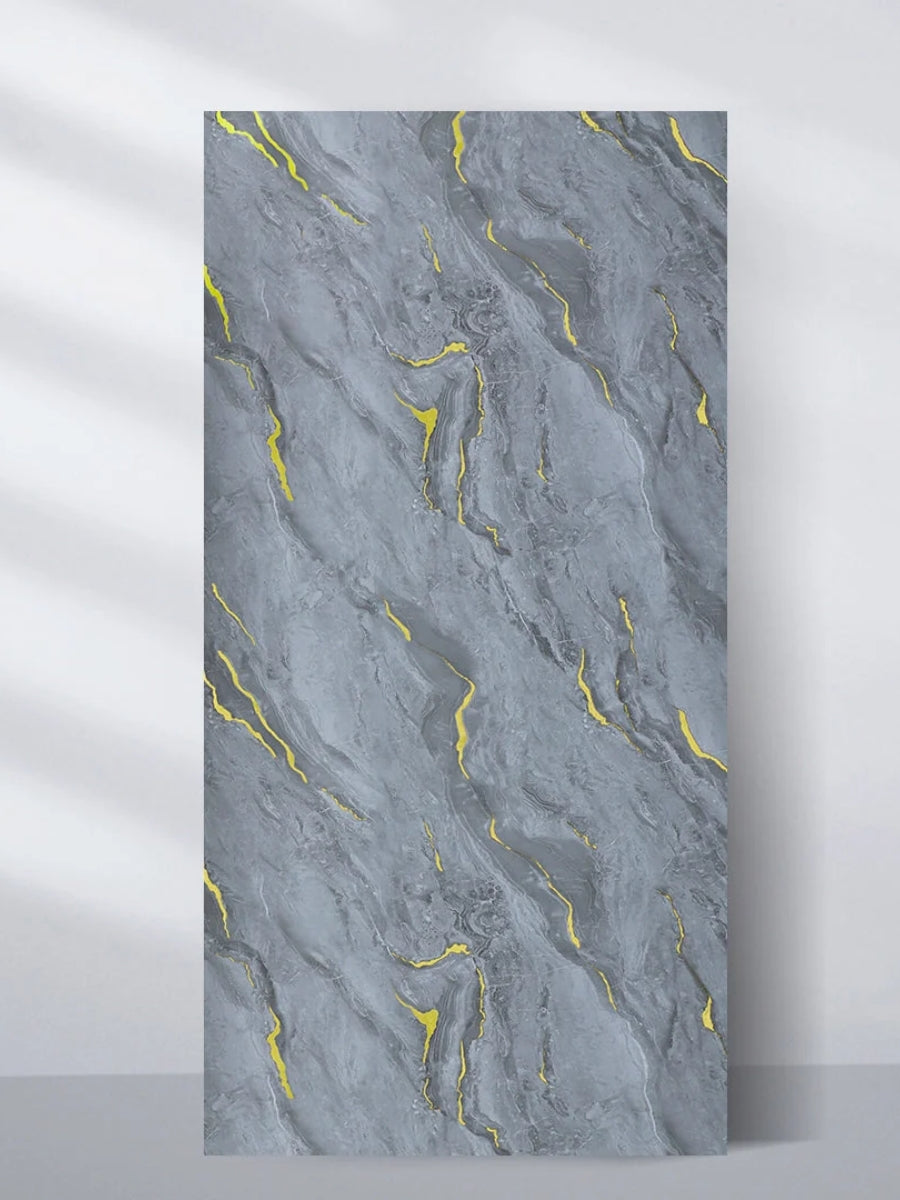4 x 8 ft Silver Gold Marble PVC wall panel with a textured gray stone pattern and metallic gold veining