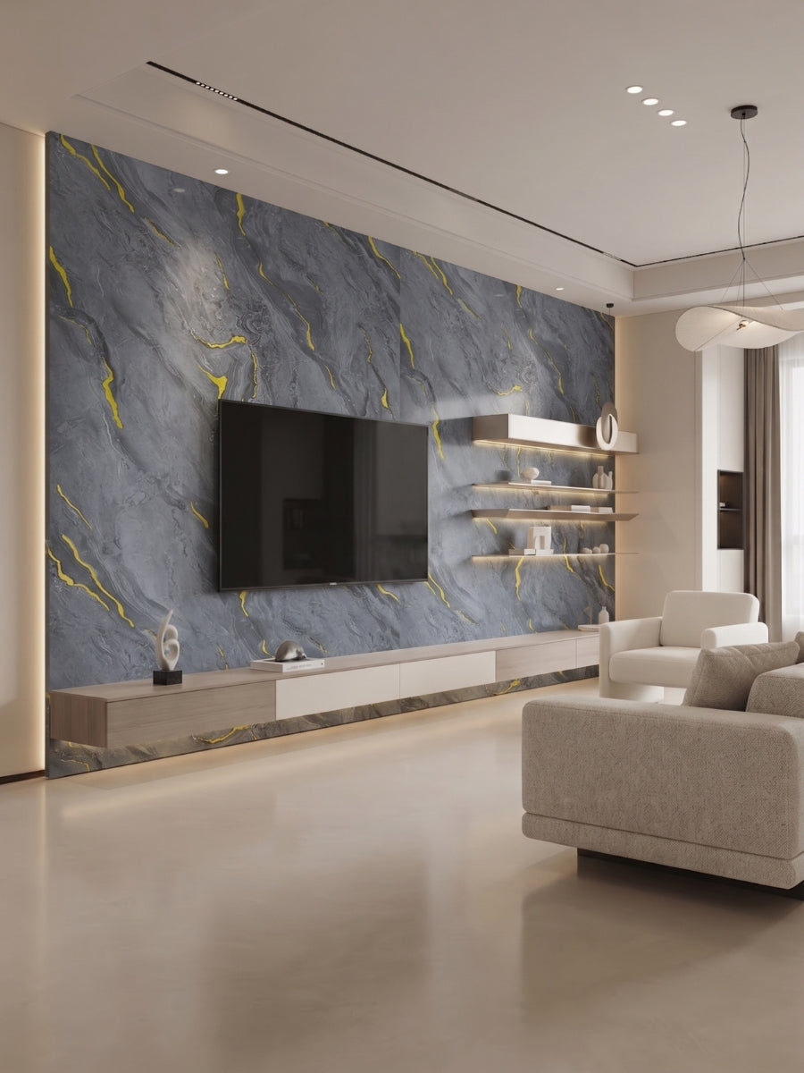 Gray Silver Gold Marble PVC wall panels framing a mounted TV in a modern living room