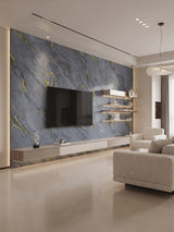 Gray Silver Gold Marble PVC wall panels framing a mounted TV in a modern living room