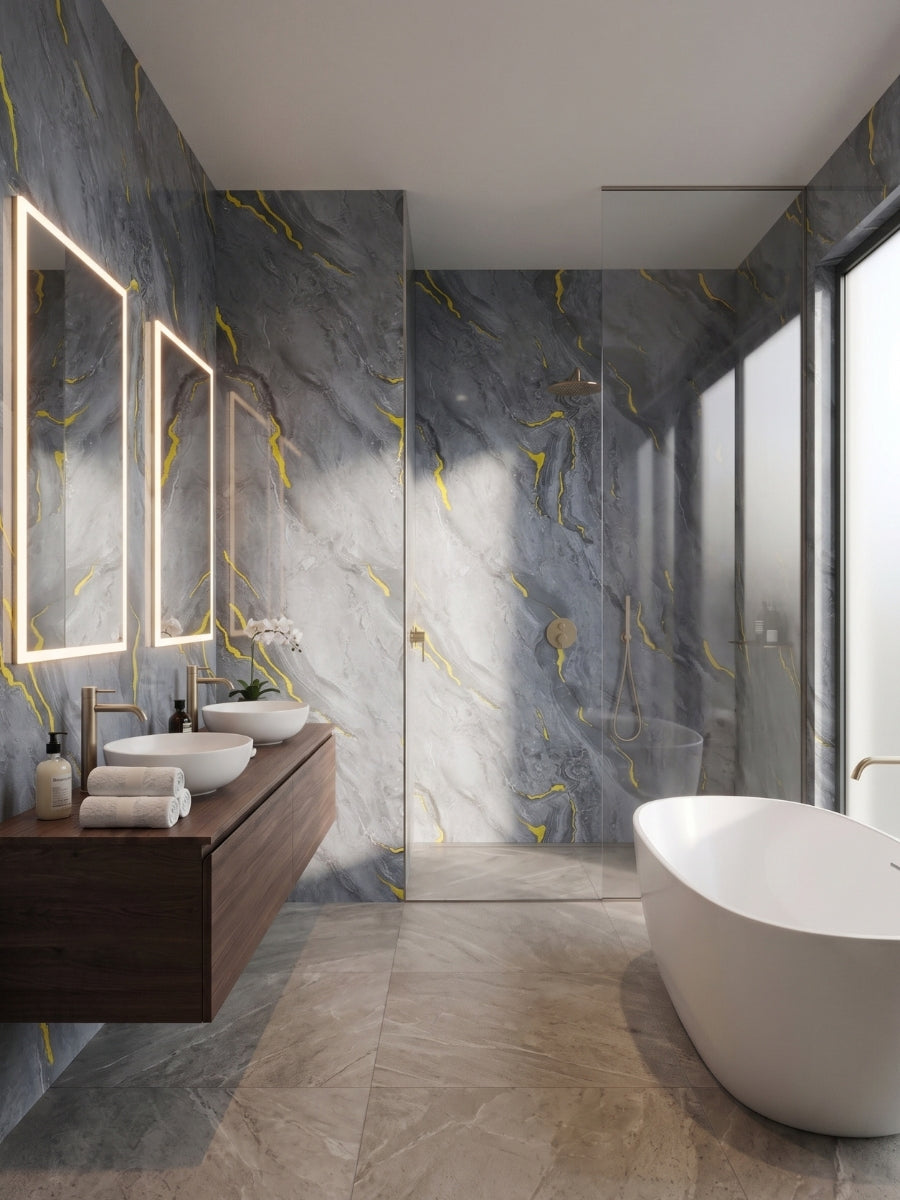 Silver Gold Marble PVC wall panels installed around a modern bathroom vanity and glass-enclosed shower