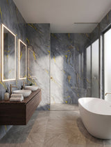 Silver Gold Marble PVC wall panels installed around a modern bathroom vanity and glass-enclosed shower