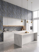 Modern white kitchen with gray and gold marble PVC wall panels on the feature wall and backsplash