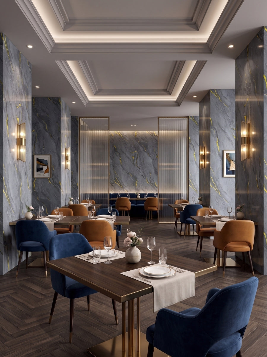 Silver Gold Marble PVC wall panels covering feature walls and columns in an elegant restaurant dining room