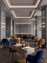 Silver Gold Marble PVC wall panels covering feature walls and columns in an elegant restaurant dining room