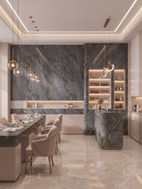 Modern nail salon with gray Silver Gold Marble PVC wall panels and matching gold-veined counters
