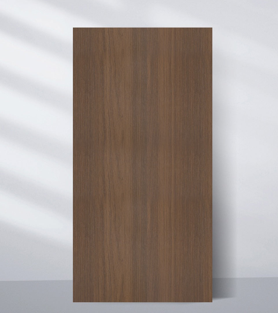 Freestanding 4x9 ft walnut wood veneer panel with rich brown vertical grain