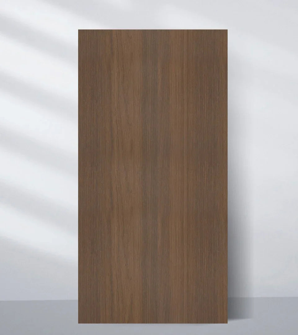 Medium brown wood veneer wall panel sample with fine vertical grain