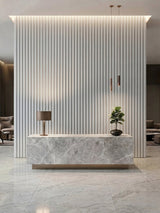 Modern White Reception Wall Design with Fluted WPC Panels