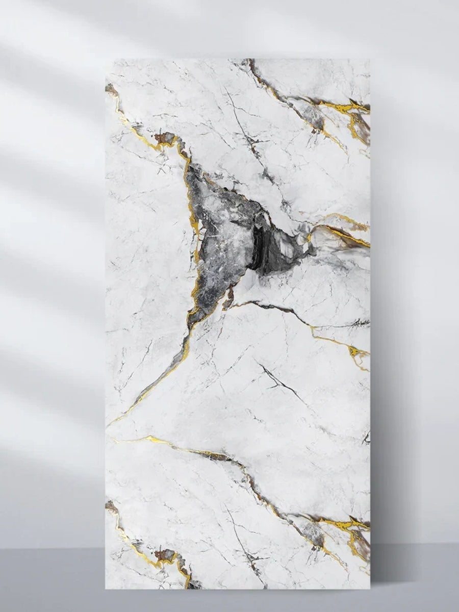 Full 4 x 8 ft white deep gray marble PVC wall panel with bold charcoal and gold veining