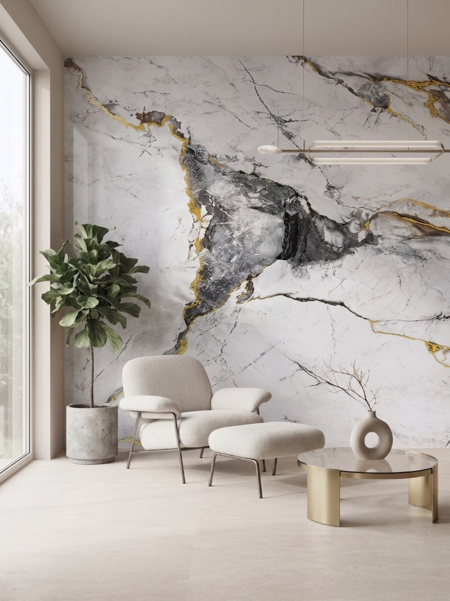 White deep gray marble PVC wall panel installed as an accent wall in a modern seating area