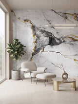 White deep gray marble PVC wall panel installed as an accent wall in a modern seating area