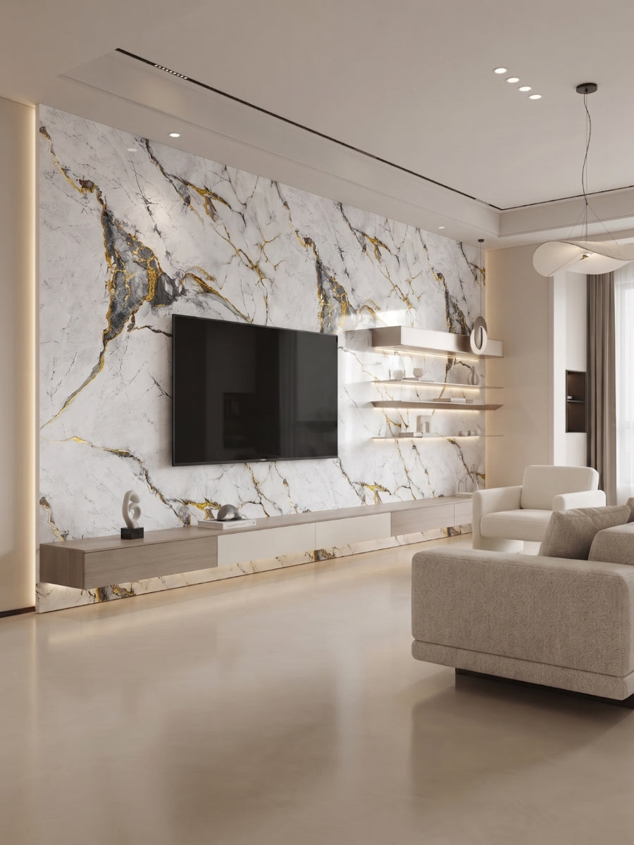 White deep gray marble PVC wall panels with gold veining installed behind a TV in a modern living room