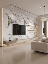 White deep gray marble PVC wall panels with gold veining installed behind a TV in a modern living room