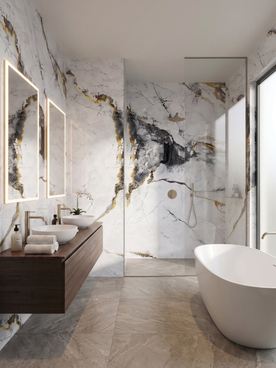 White deep gray marble PVC wall panels covering a modern bathroom with glass shower and freestanding tub