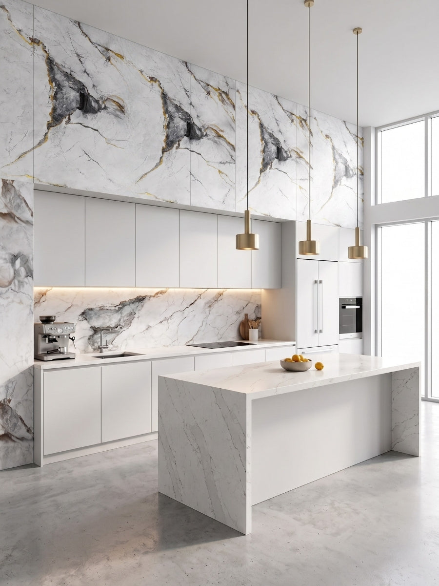 White deep gray marble PVC wall panels installed as wall cladding and backsplash in a contemporary kitchen