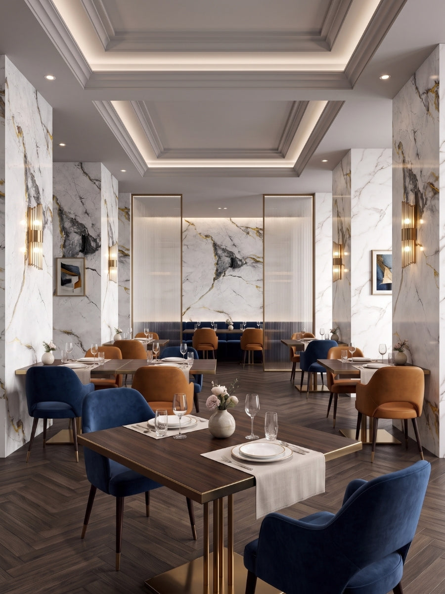 White deep gray marble PVC wall panels used as decorative cladding in an elegant restaurant dining room