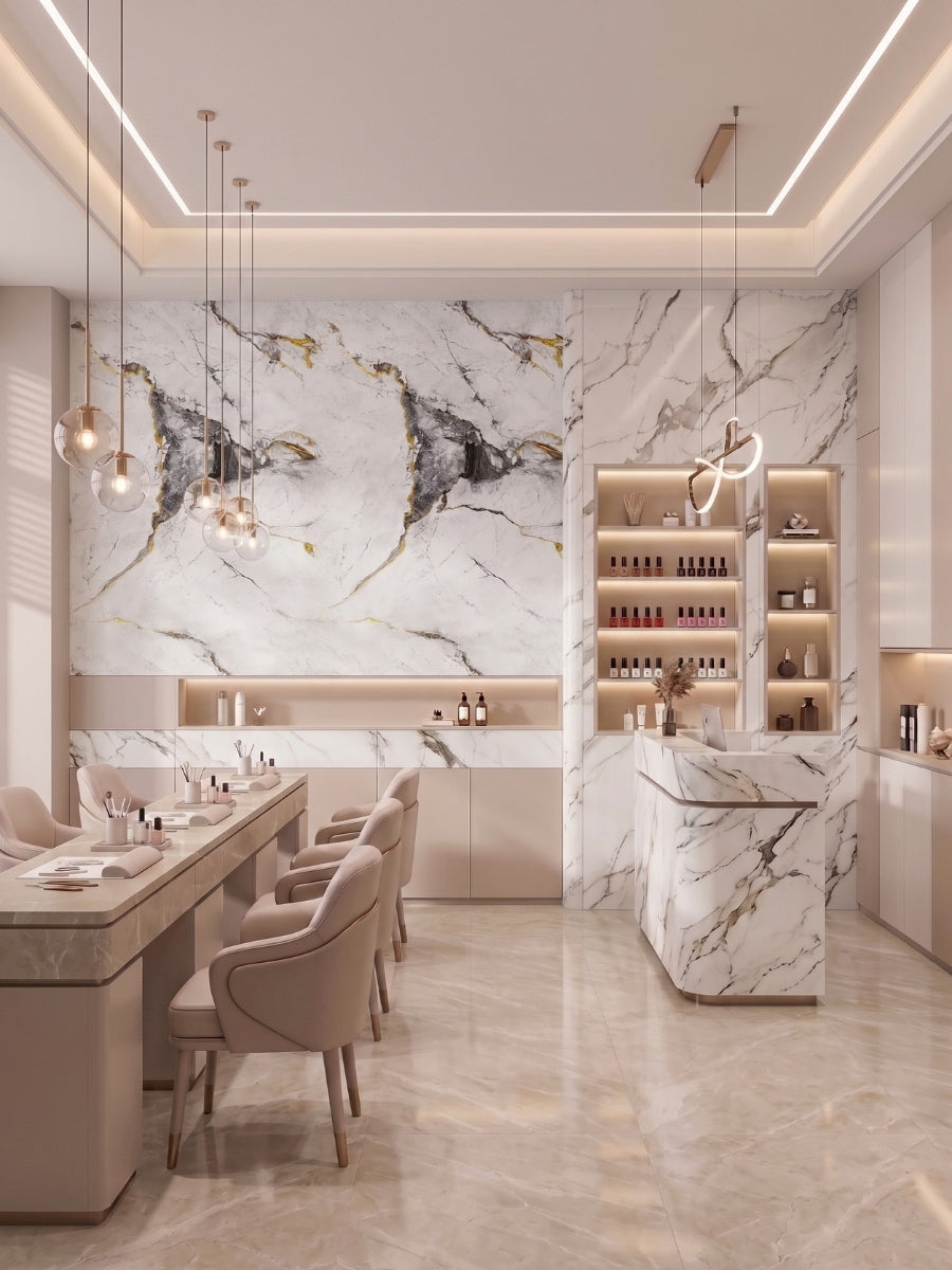 White deep gray marble PVC wall panels with gold veining installed in a modern salon interior