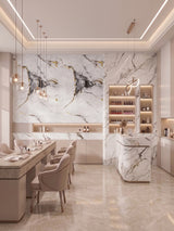 White deep gray marble PVC wall panels with gold veining installed in a modern salon interior