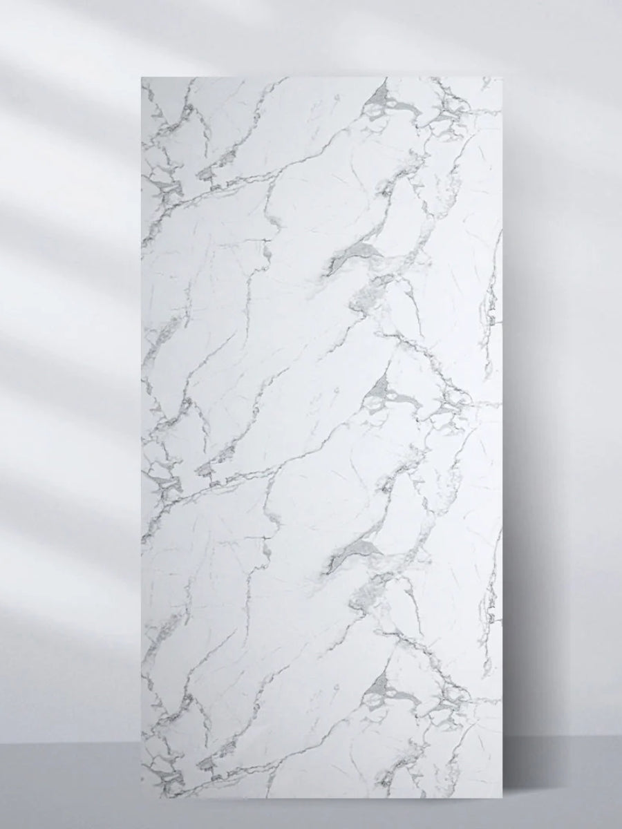 Full 4 x 8 ft white gray pearl marble-look PVC wall panel with fine gray veining