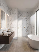 White gray pearl marble-look PVC wall panels installed around a modern bathroom and glass shower