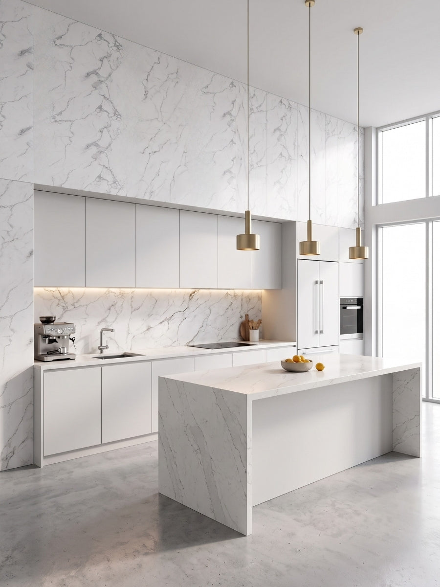 Bright modern kitchen with white gray pearl marble-look PVC wall panels and matching backsplash